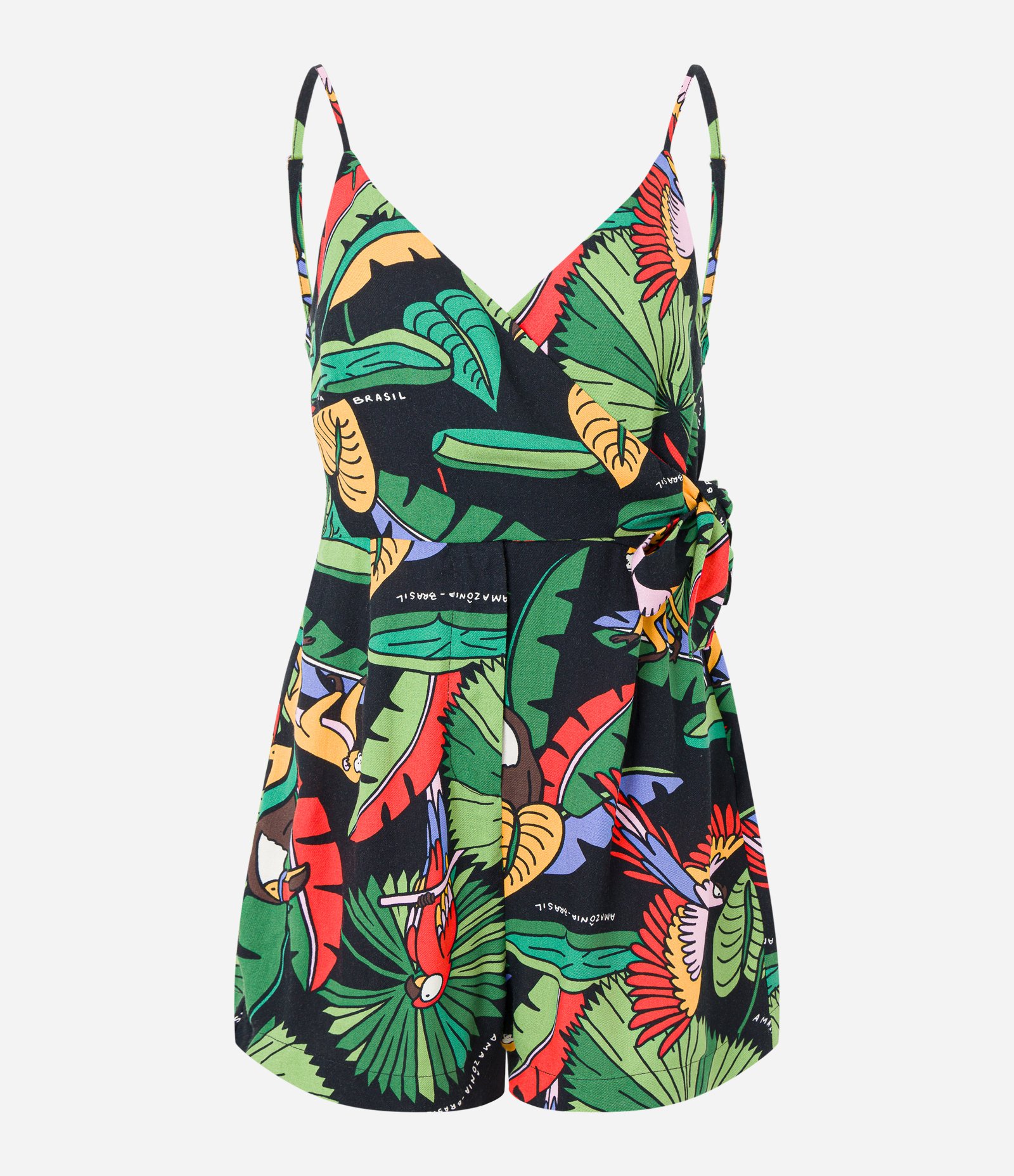 Macaquinho em Viscose com Amarração Transpassada e Estampa Tropical Preto 4