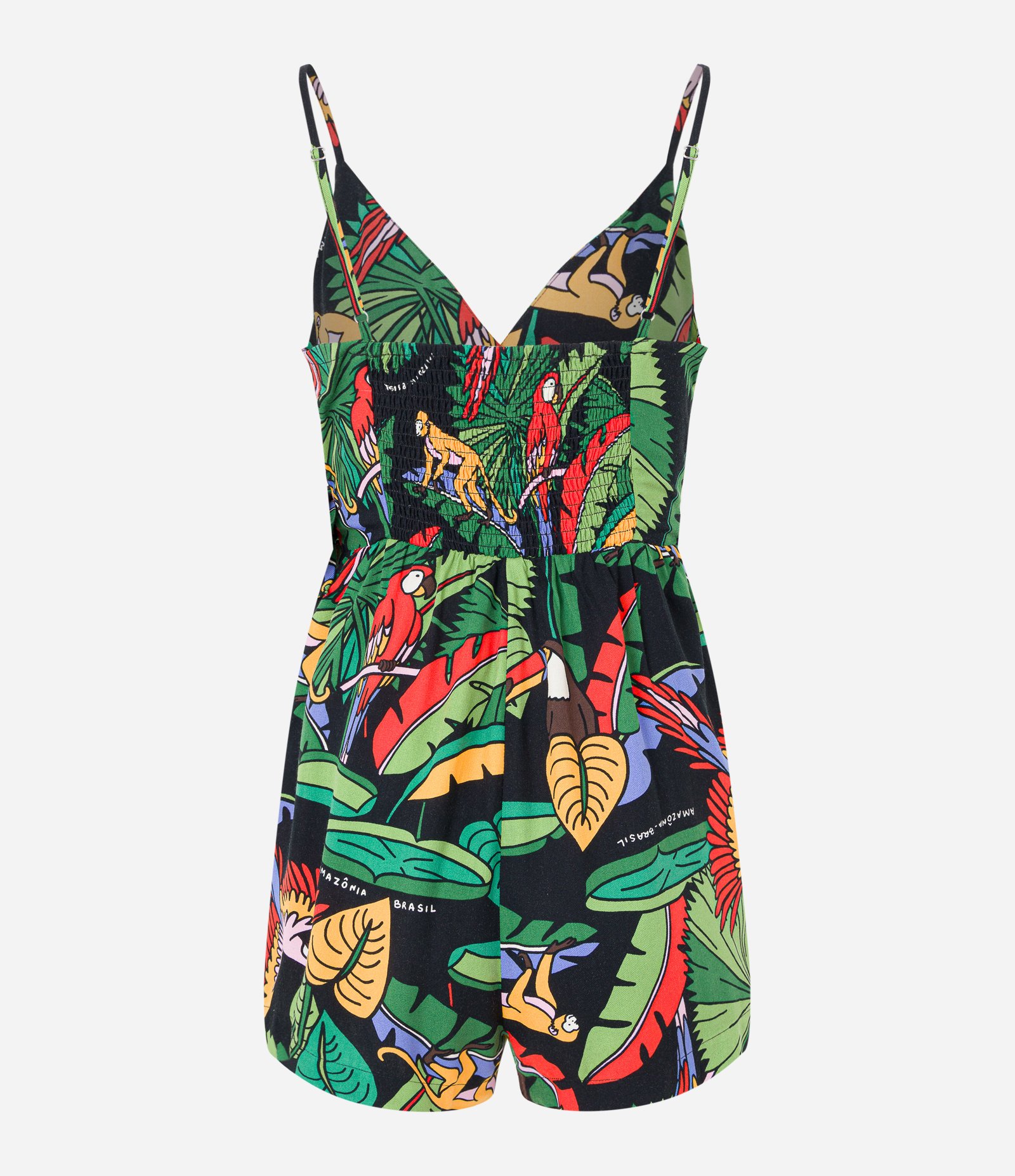 Macaquinho em Viscose com Amarração Transpassada e Estampa Tropical Preto 5