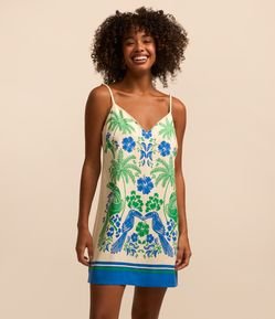 Vestido Curto em Viscose e Linho com Estampa Tropical
