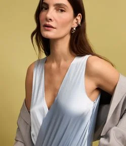 Body sem Manga em Chiffon com Decote Transpassado