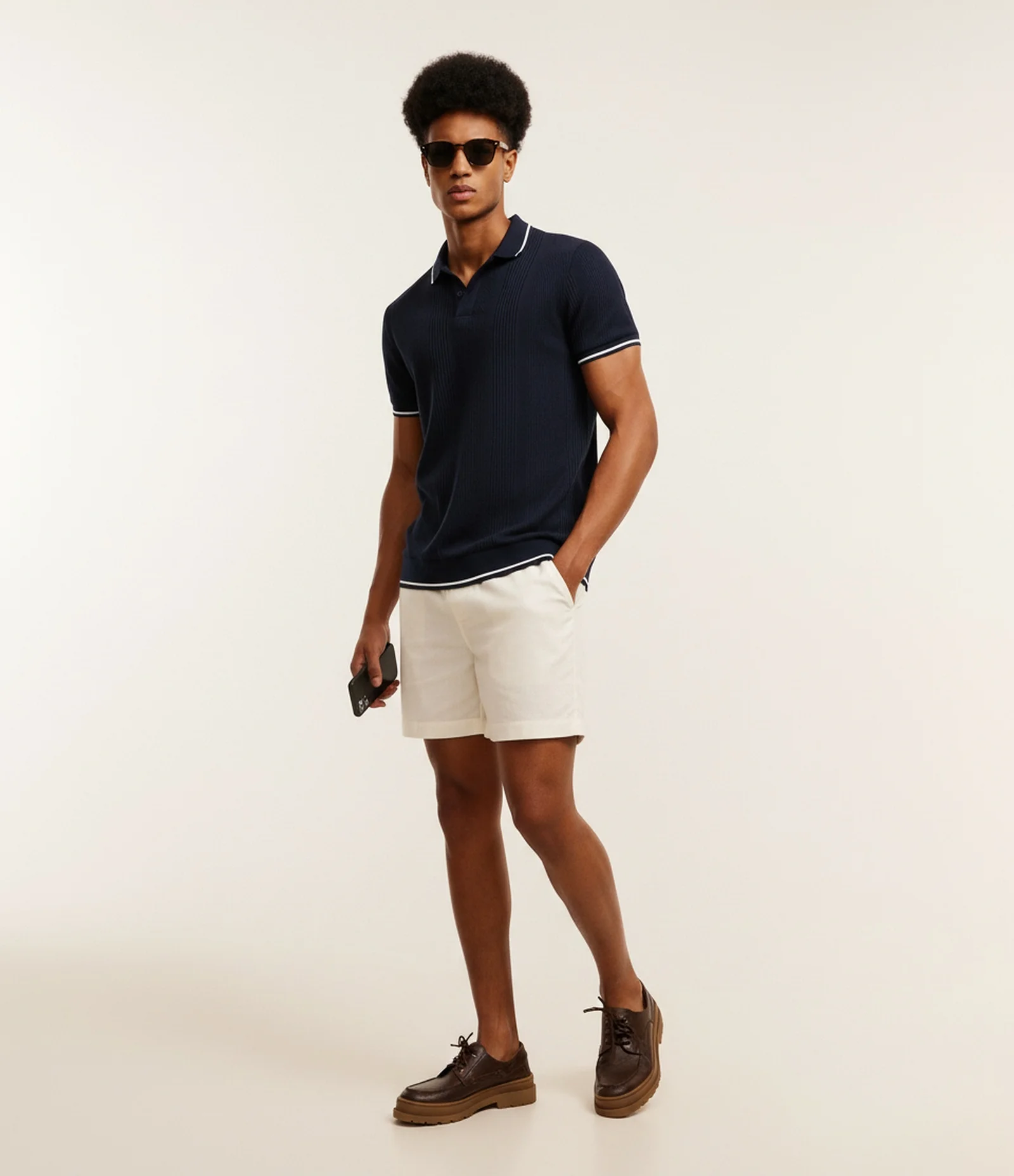 Polo Regular com Textura de Listras e Frisos Contrastantes Azul 1