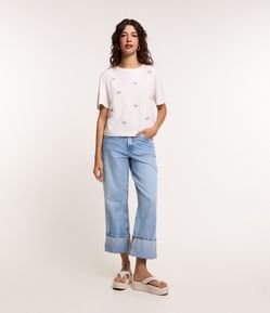 Calça Reta em Jeans com Barra Ampla Dobrada