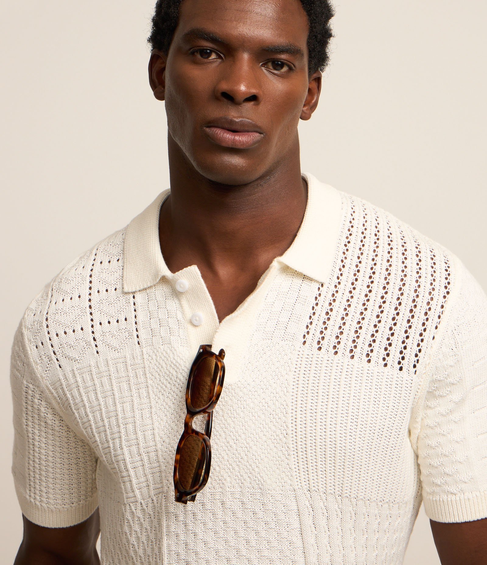 Camisa Polo Regular em Algodão com Textura Patchwork Coconut Milk 3