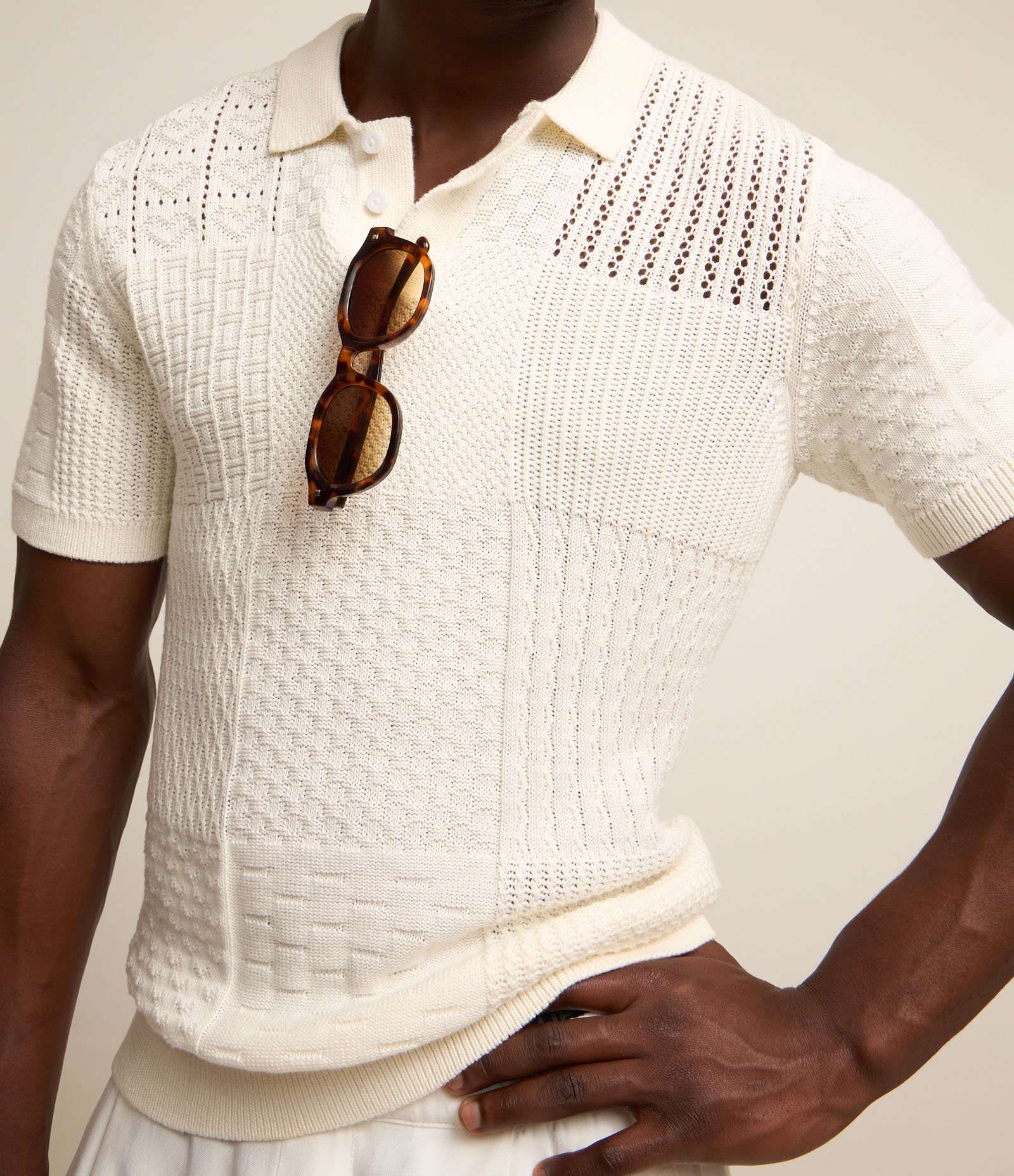 Camisa Polo Regular em Algodão com Textura Patchwork Coconut Milk 5