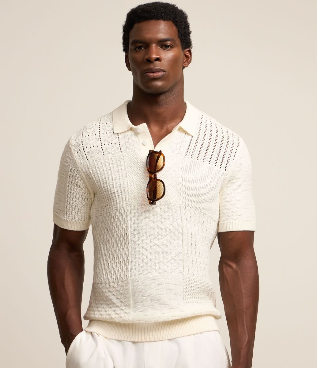 Camisa Polo Regular em Algodão com Textura Patchwork Coconut Milk