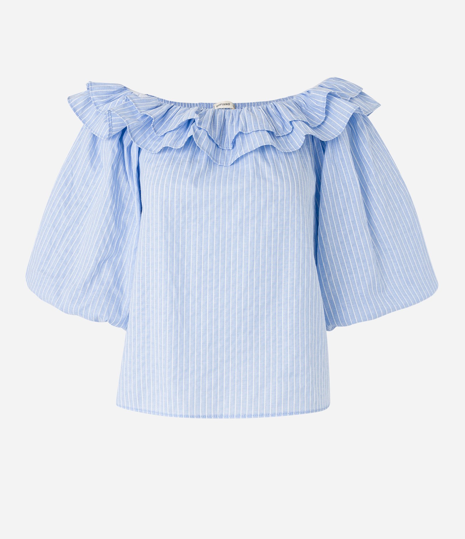 Blusa Ombro a Ombro em Tricoline com Babados e Estampa Listrada Azul/ Branco 6
