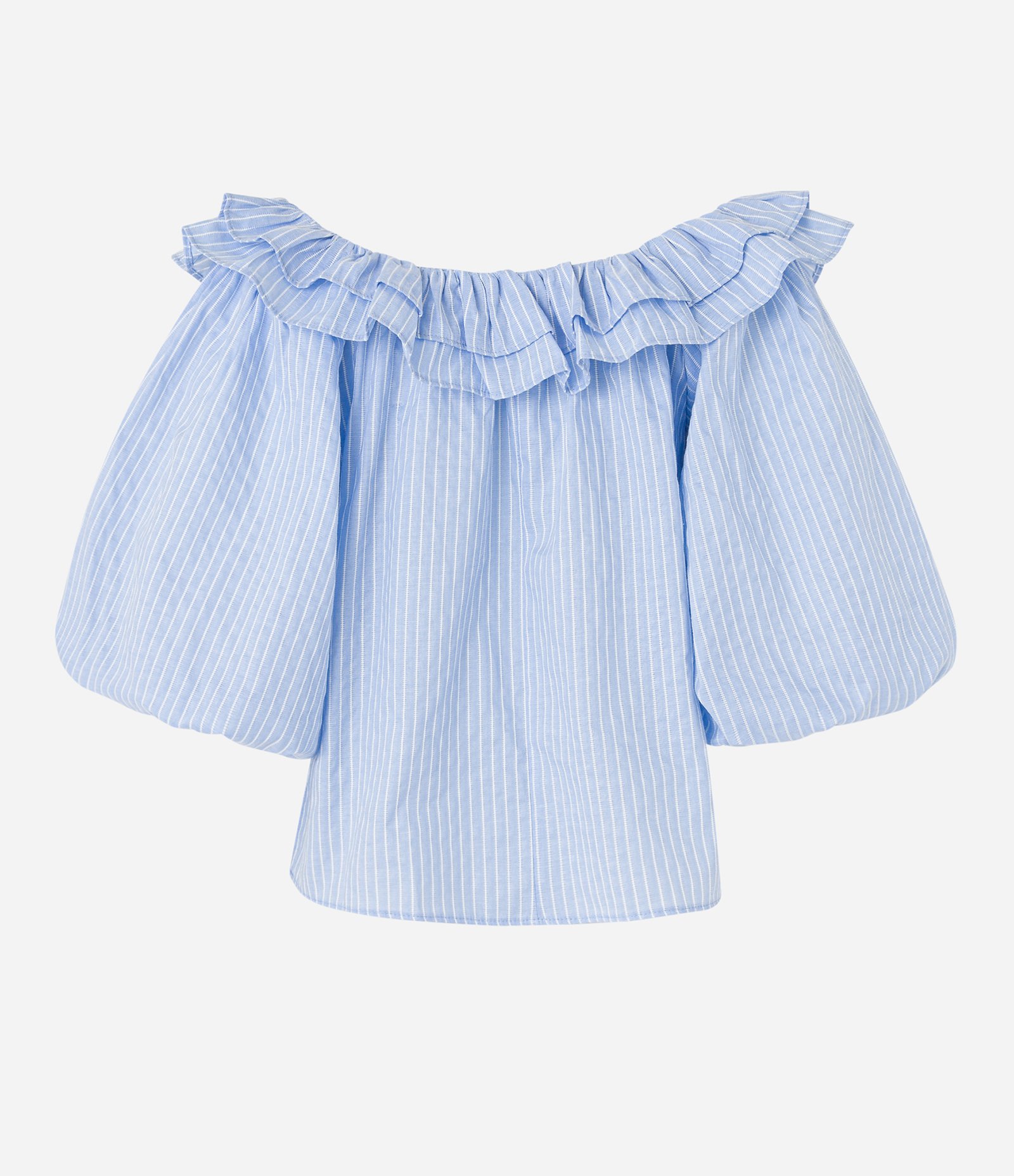 Blusa Ombro a Ombro em Tricoline com Babados e Estampa Listrada Azul/ Branco 7
