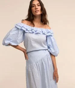 Blusa Ombro a Ombro em Tricoline com Babados e Estampa Listrada