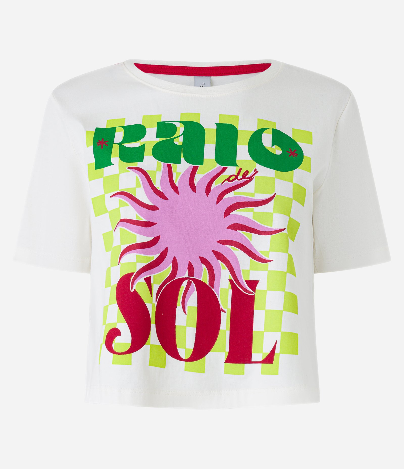 Blusa T-shirt em Algodão com Fundo Quadriculado e Estampa Raio de Sol Branco 5