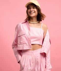 Blusa Cropped de Alça em Tricoline com Listras de Fio Tinto