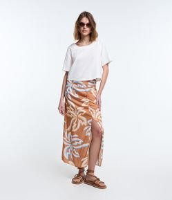Saia Midi em Viscose com Franzido e Estampa Coqueiro