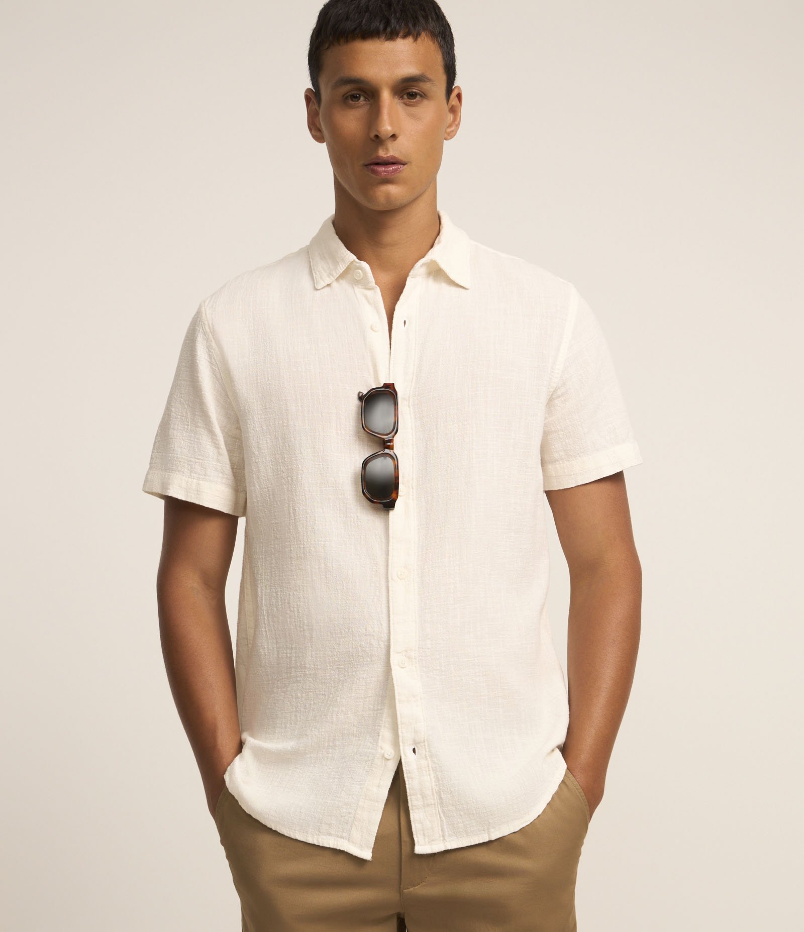 Camisa Regular em Algodão com Textura Rajada Off White 1