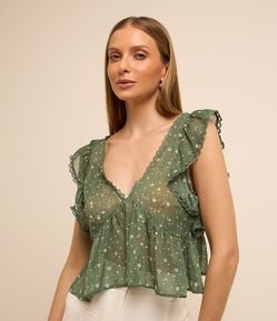 Blusa em Chiffon Texturizado com Babados e Estampa Floral Liberty