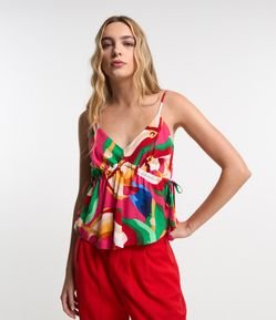 Blusa Cropped em Viscose com Puxadinhos e Estampa de Tucanos