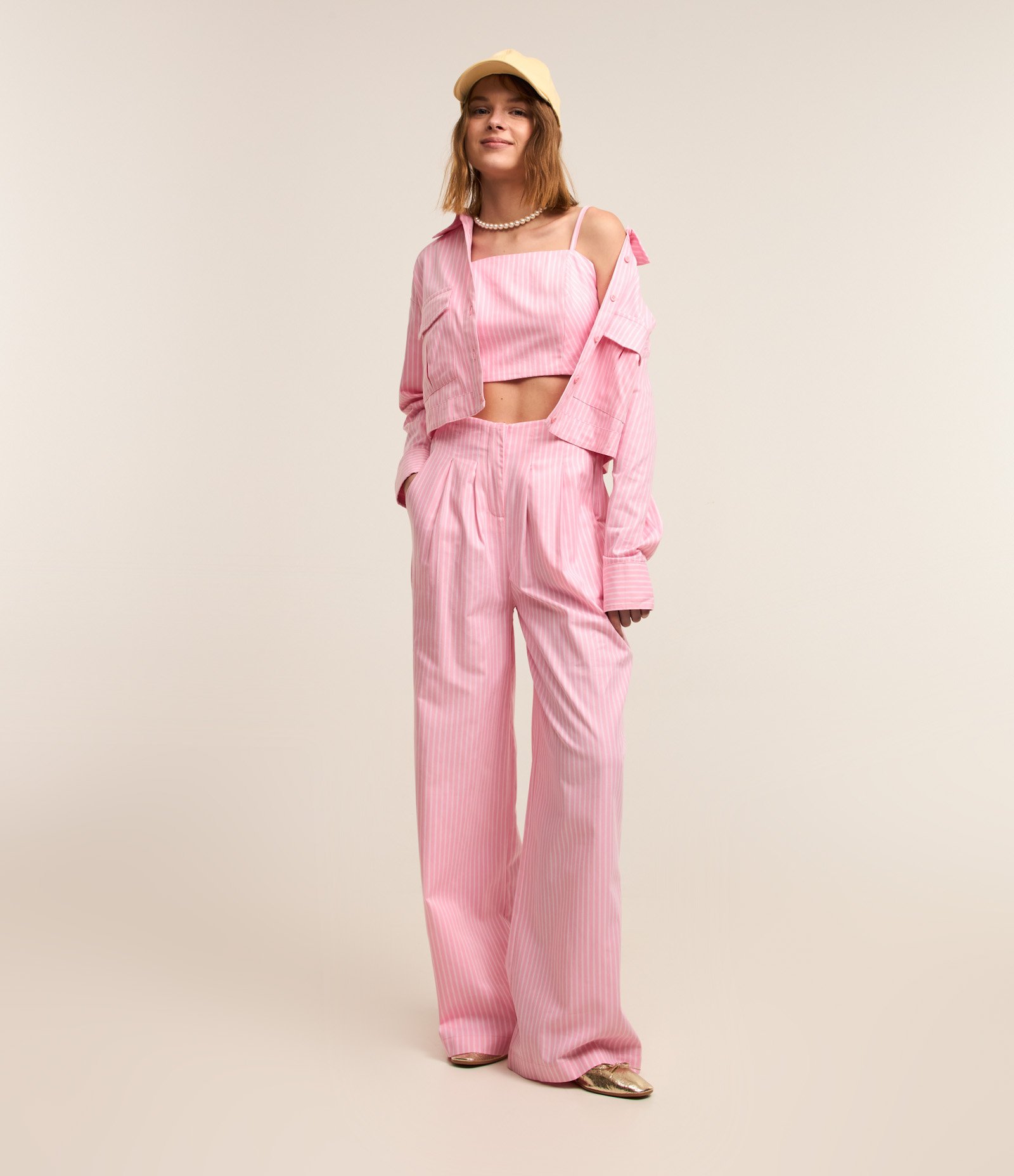 Calça Pantalona em Tricoline em Listras em Fio Tinto Rosa 1