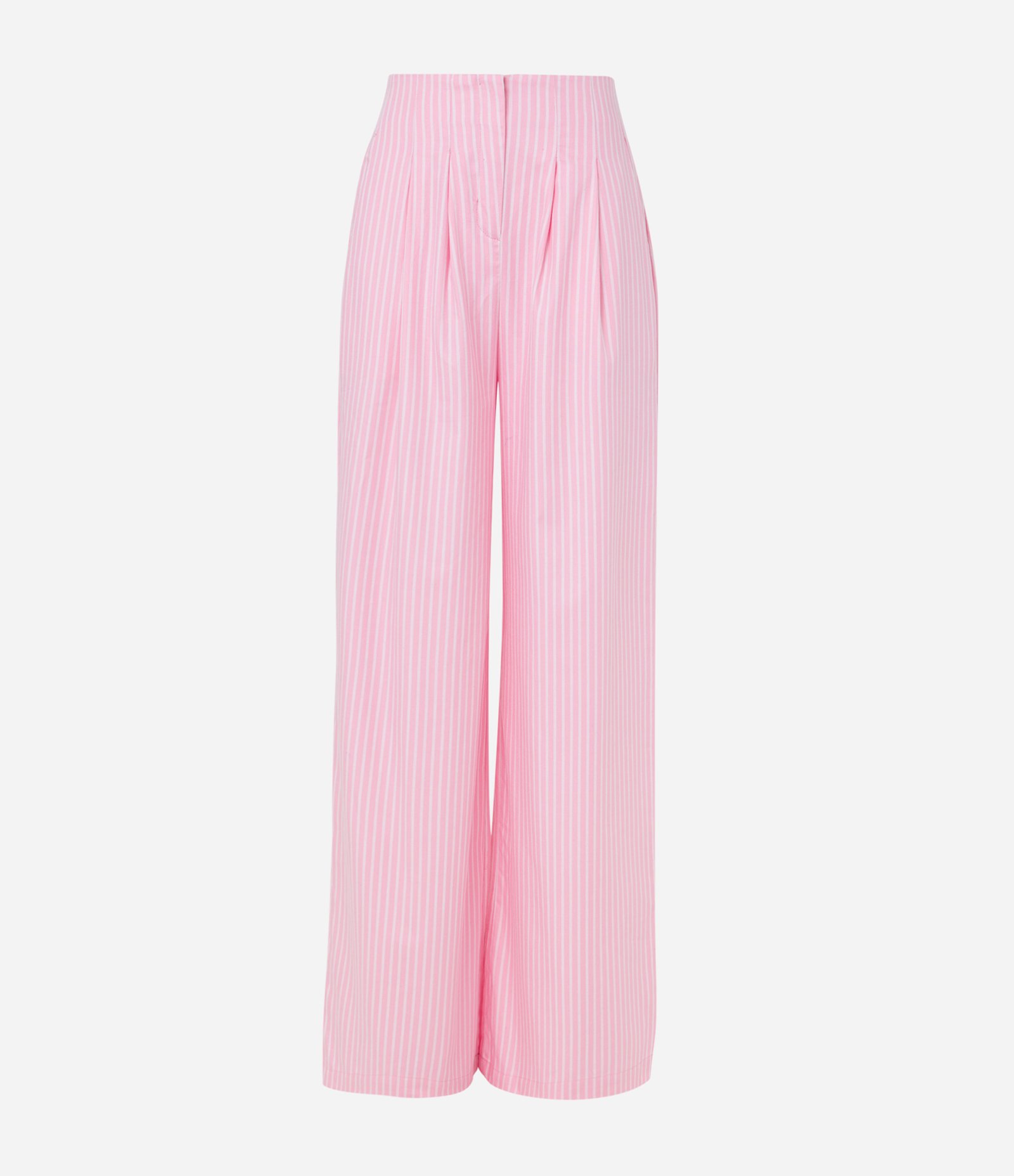 Calça Pantalona em Tricoline em Listras em Fio Tinto Rosa 4