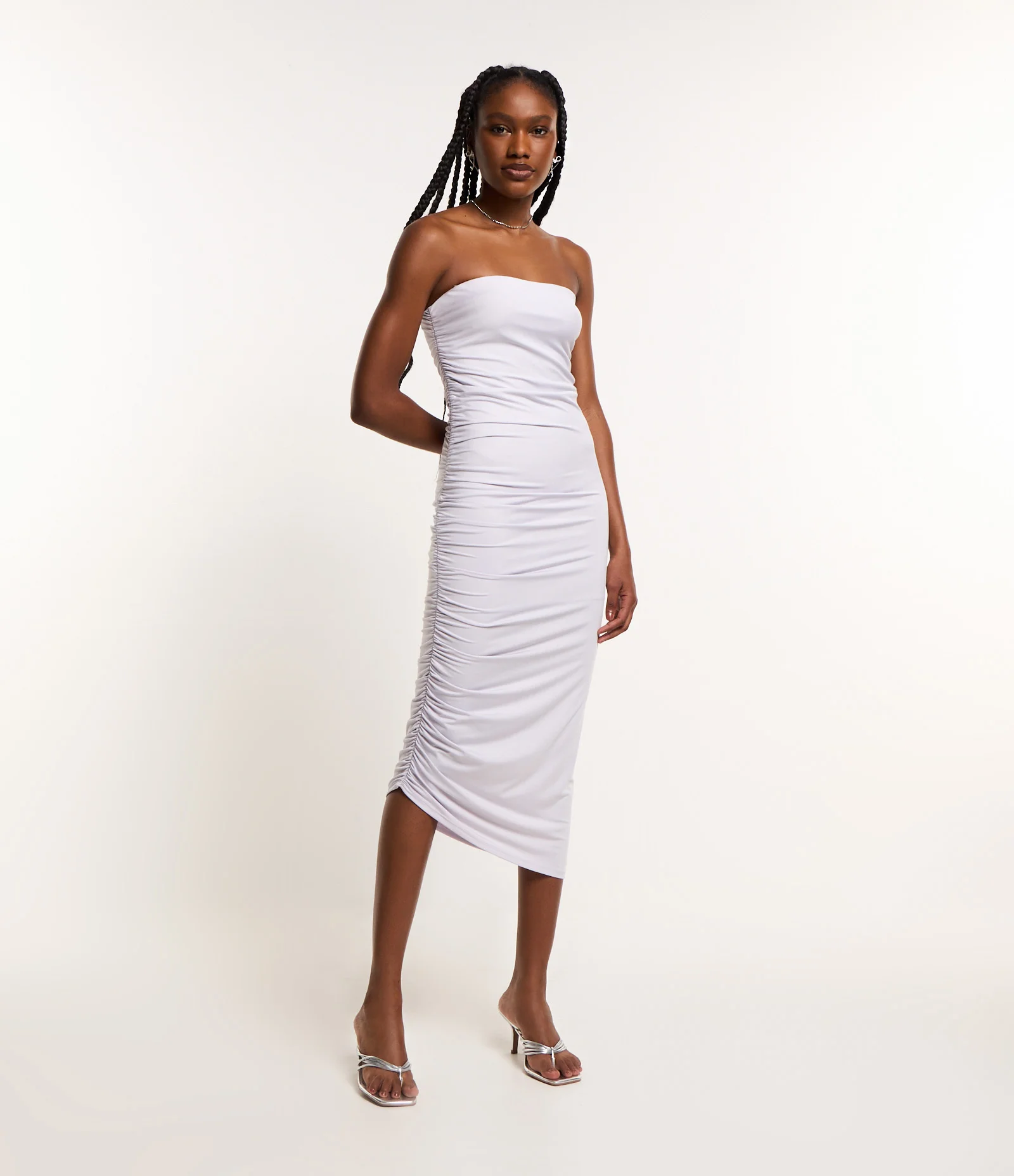 Vestido Midi em Meia Malha Tomara que Caia com Franzido na Lateral Lilás 1