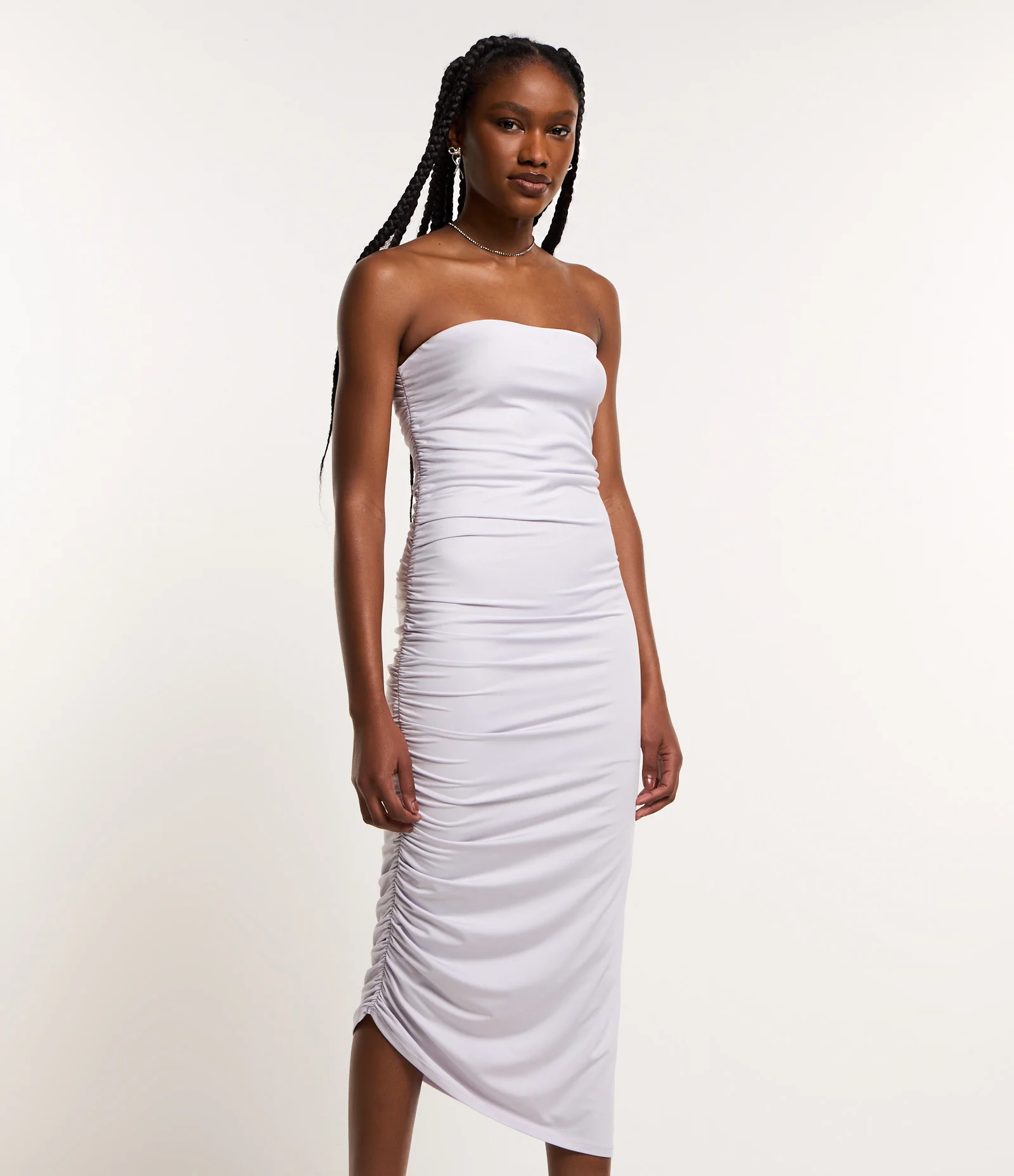 Vestido Midi em Meia Malha Tomara que Caia com Franzido na Lateral Lilás 2