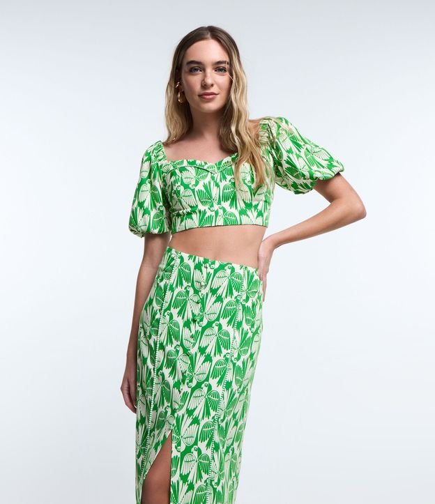 Saia New Midi em Viscose e Linho com Estampa Ararinhas