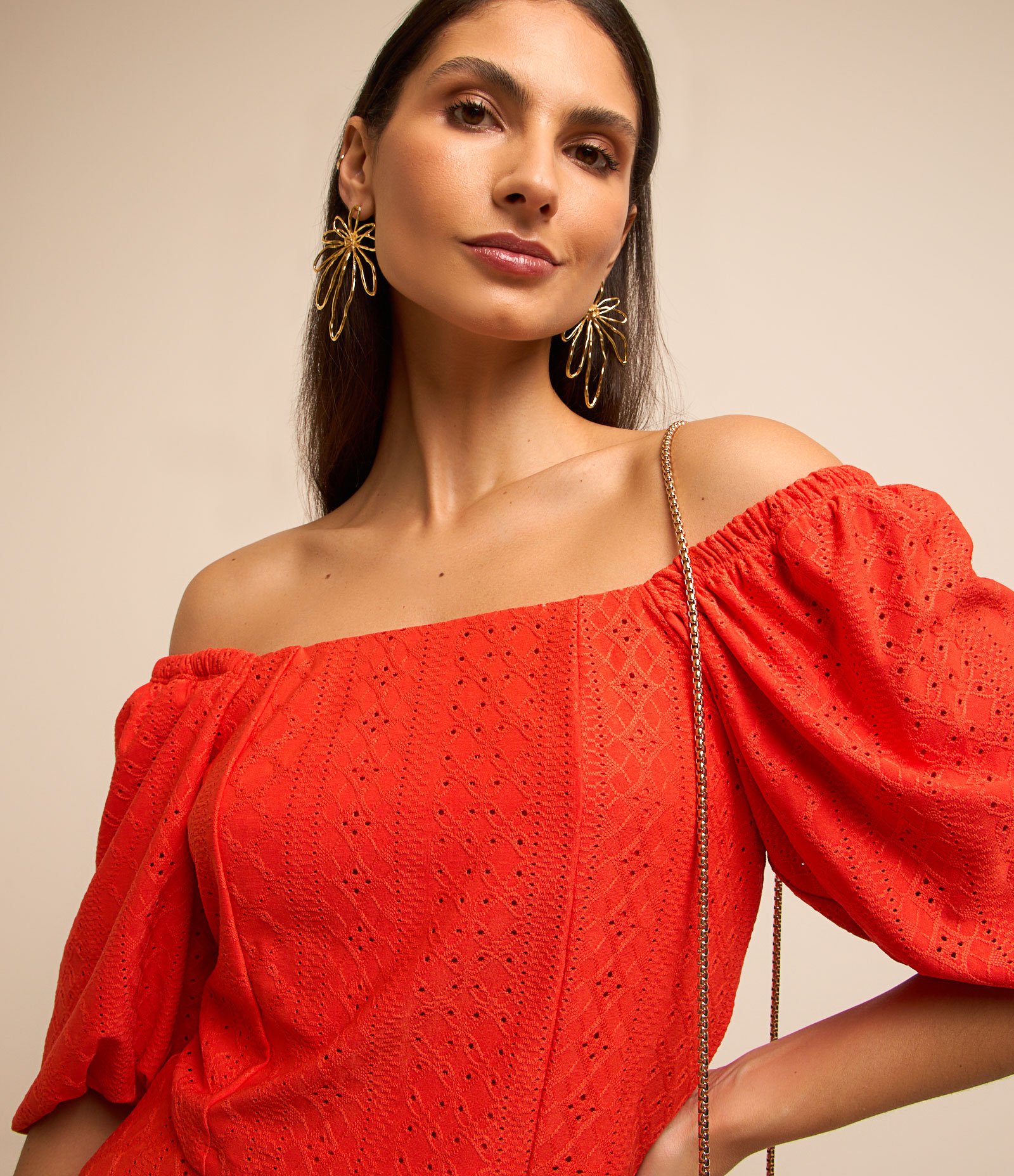 Blusa em Laise Manga Bufante com Babado na Barra Laranja 3