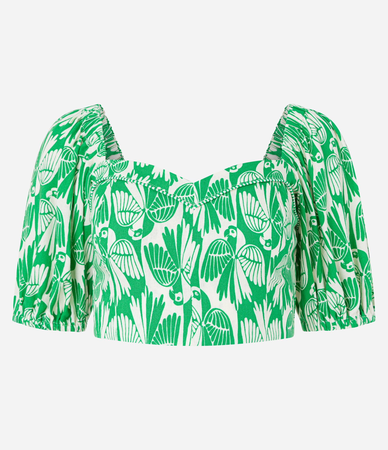 Blusa Cropped em Viscose e Linho com Estampa Ararinhas Verde 4