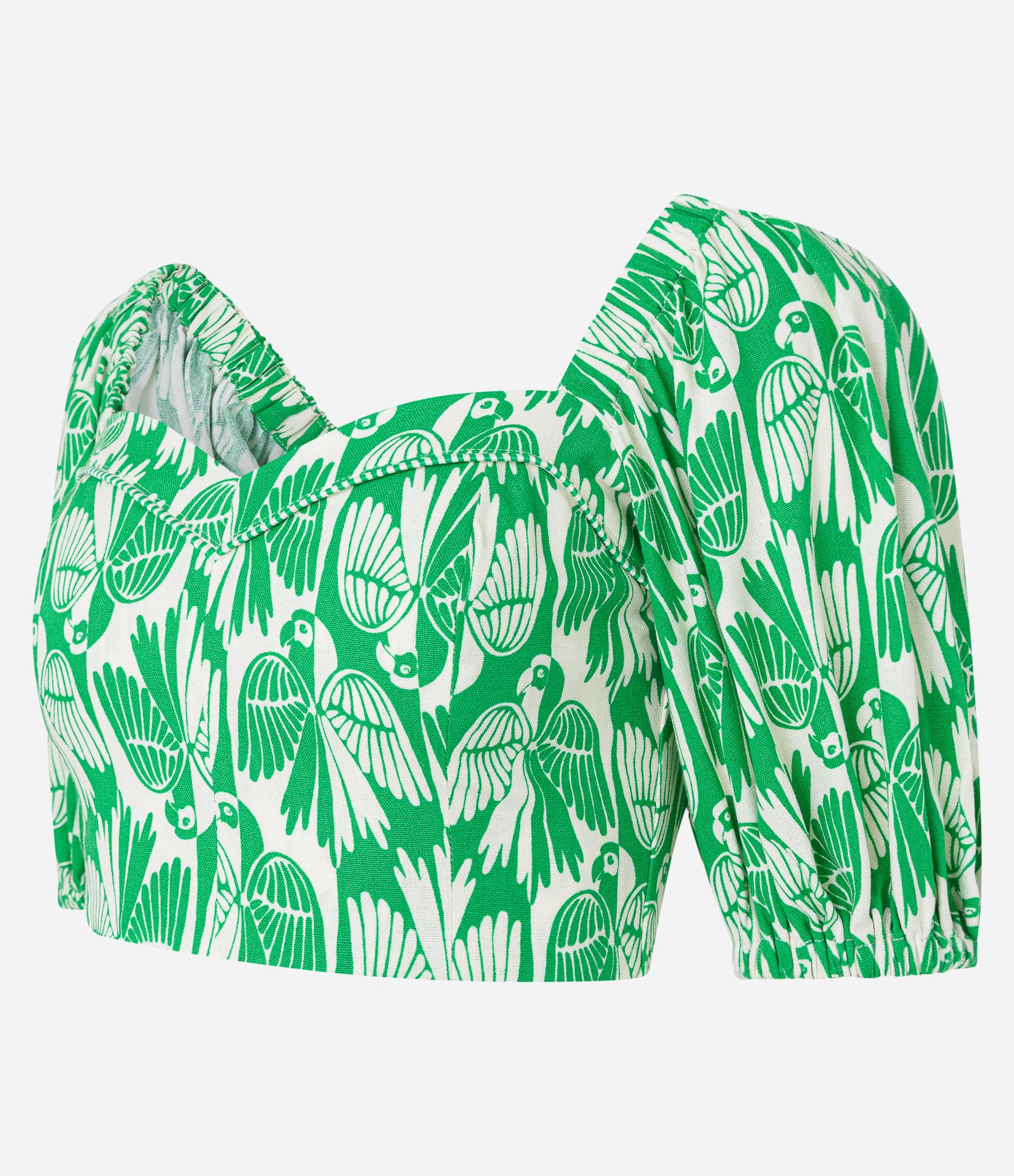 Blusa Cropped em Viscose e Linho com Estampa Ararinhas Verde 5