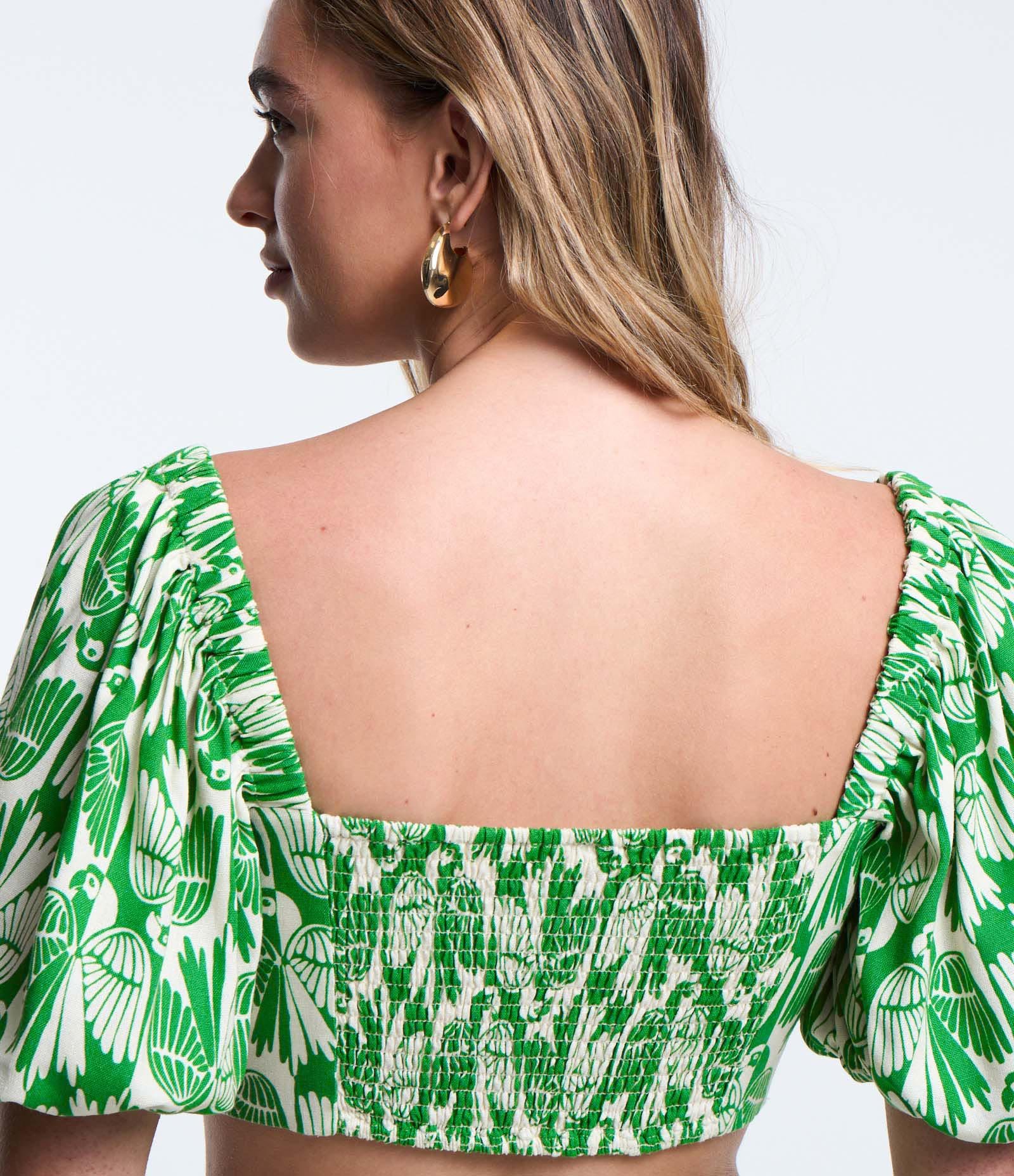 Blusa Cropped em Viscose e Linho com Estampa Ararinhas Verde 3