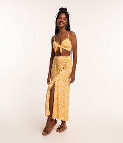 Saia New Midi em Viscose com Botões e Estampa de Abacaxi