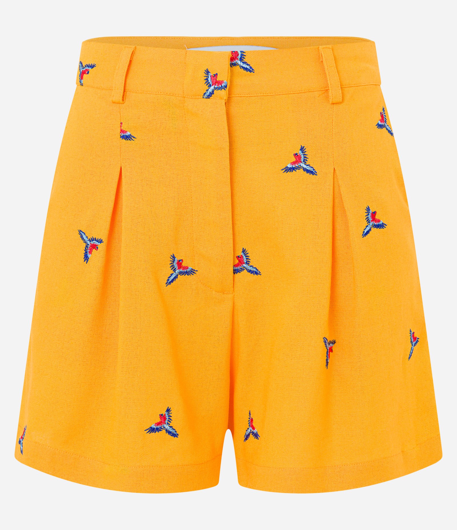 Short Curto em Viscolinho com Pregas e Bordado de Araras Amarelo 4