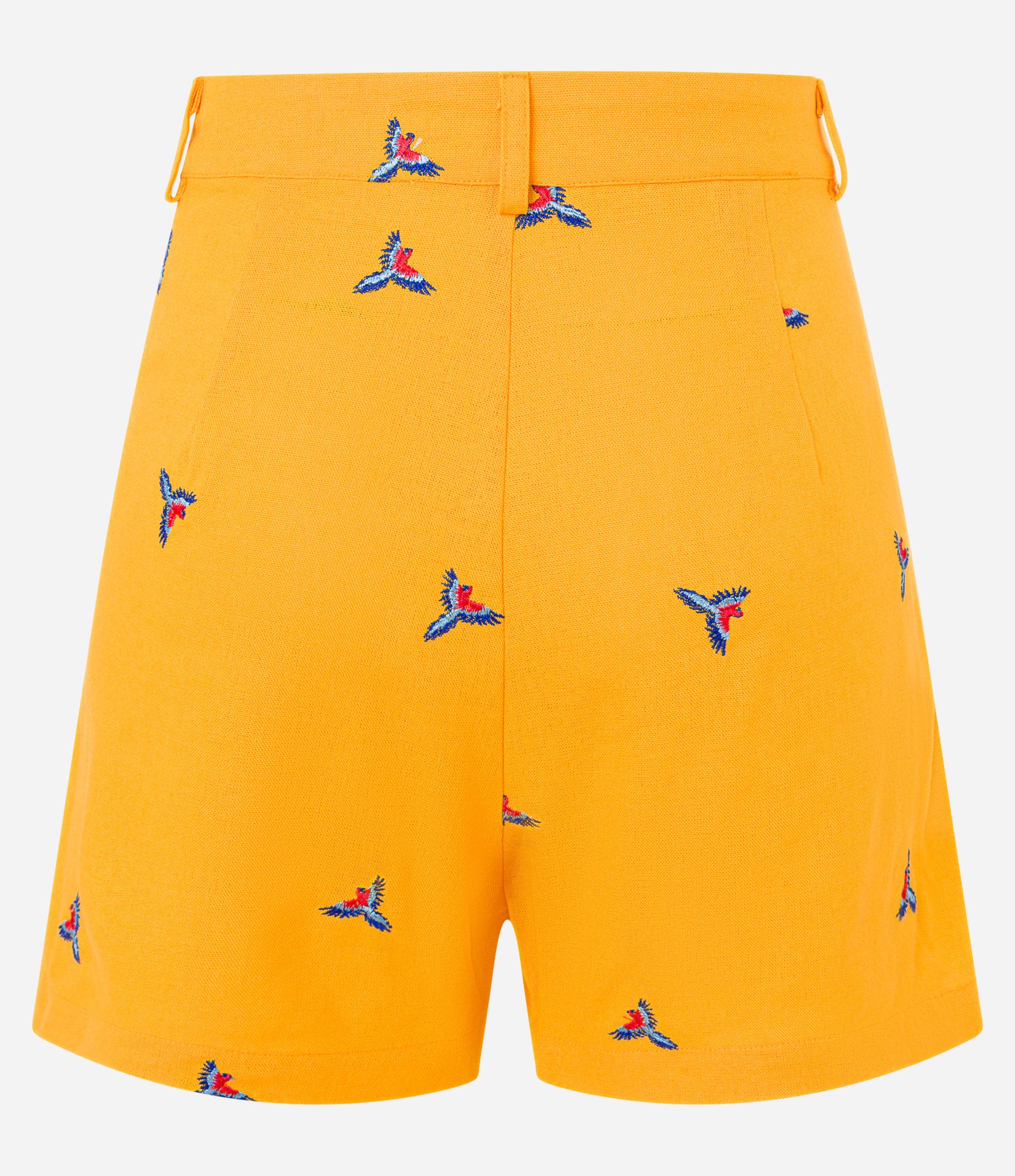Short Curto em Viscolinho com Pregas e Bordado de Araras Amarelo 6