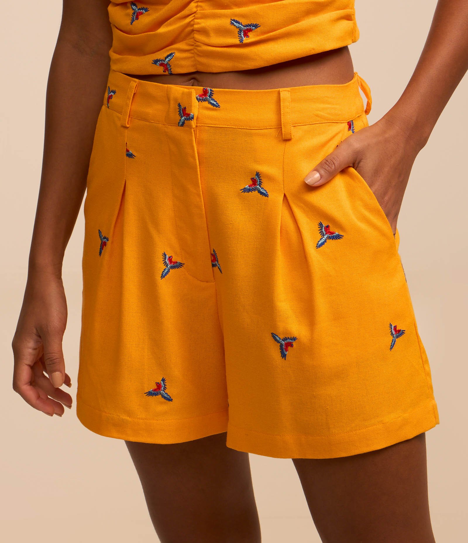 Short Curto em Viscolinho com Pregas e Bordado de Araras Amarelo 3