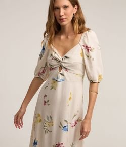 Vestido Midi em Viscolinho com Manga Bufante e Estampa Floral