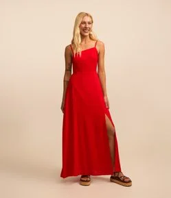 Vestido Longo em Viscolinho com Decote Assimétrico e Tiras nas Costas