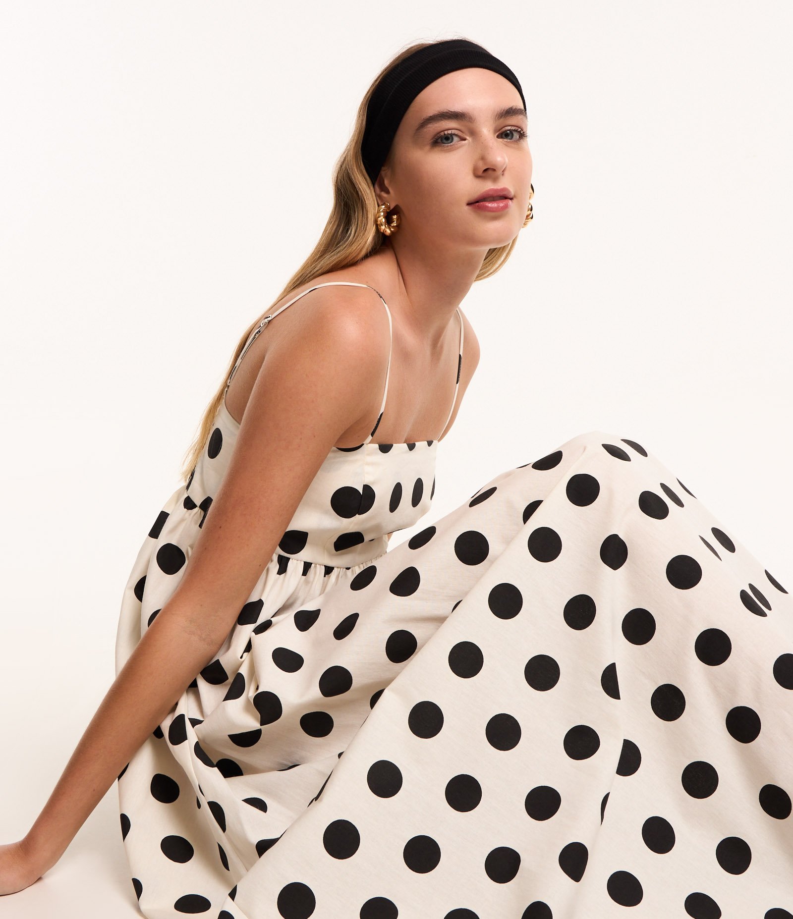 Vestido New Midi em Tricoline Poá com Lastex nas Costas Branco 1