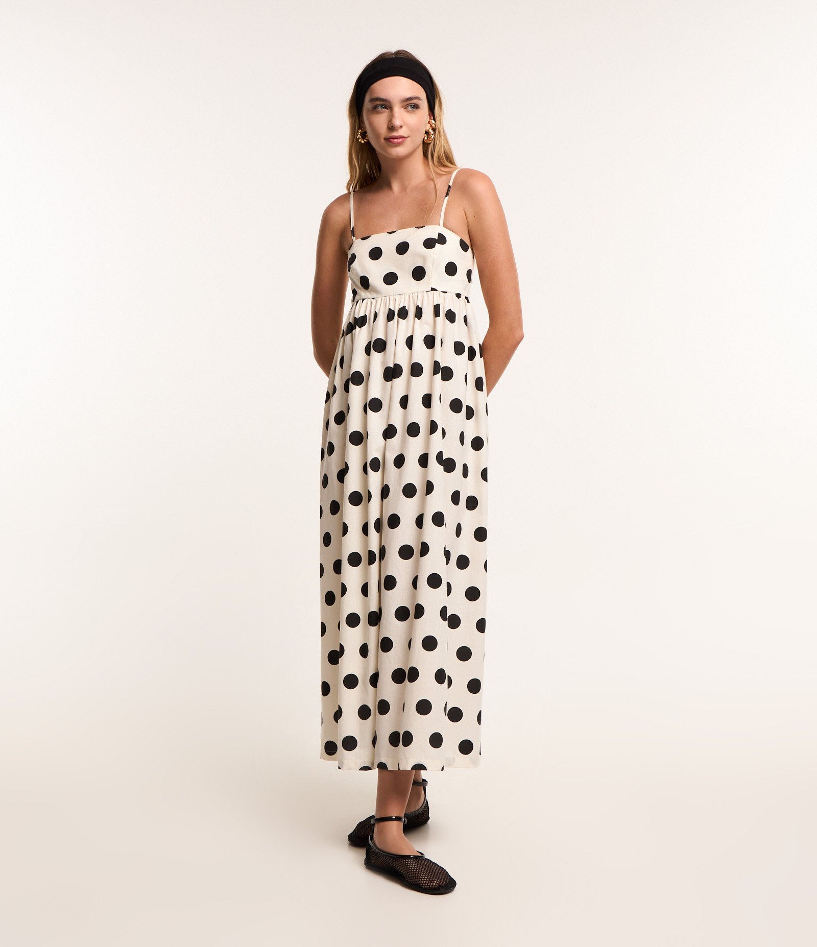Vestido New Midi em Tricoline Poá com Lastex nas Costas Branco 2
