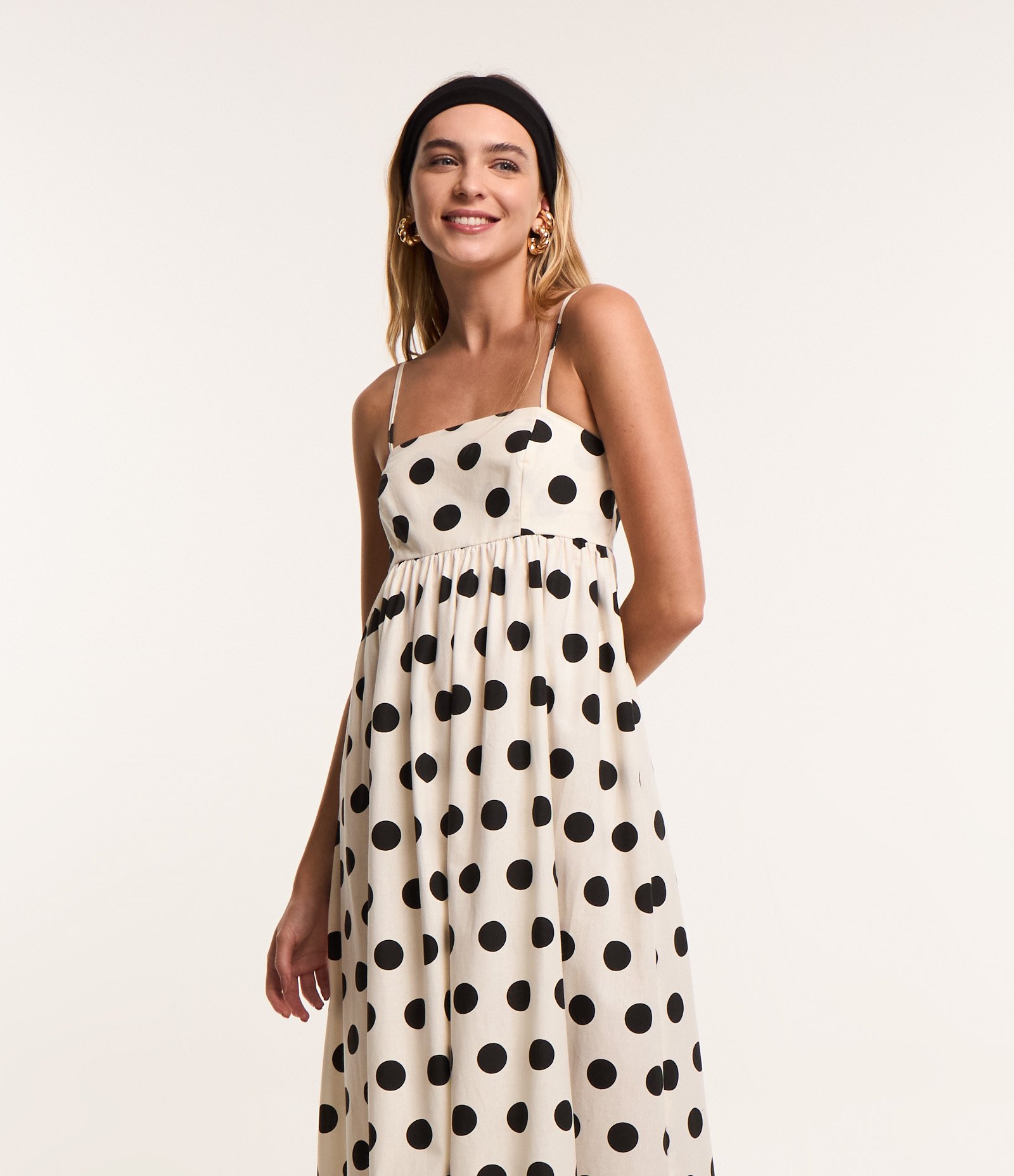 Vestido New Midi em Tricoline Poá com Lastex nas Costas Branco 4