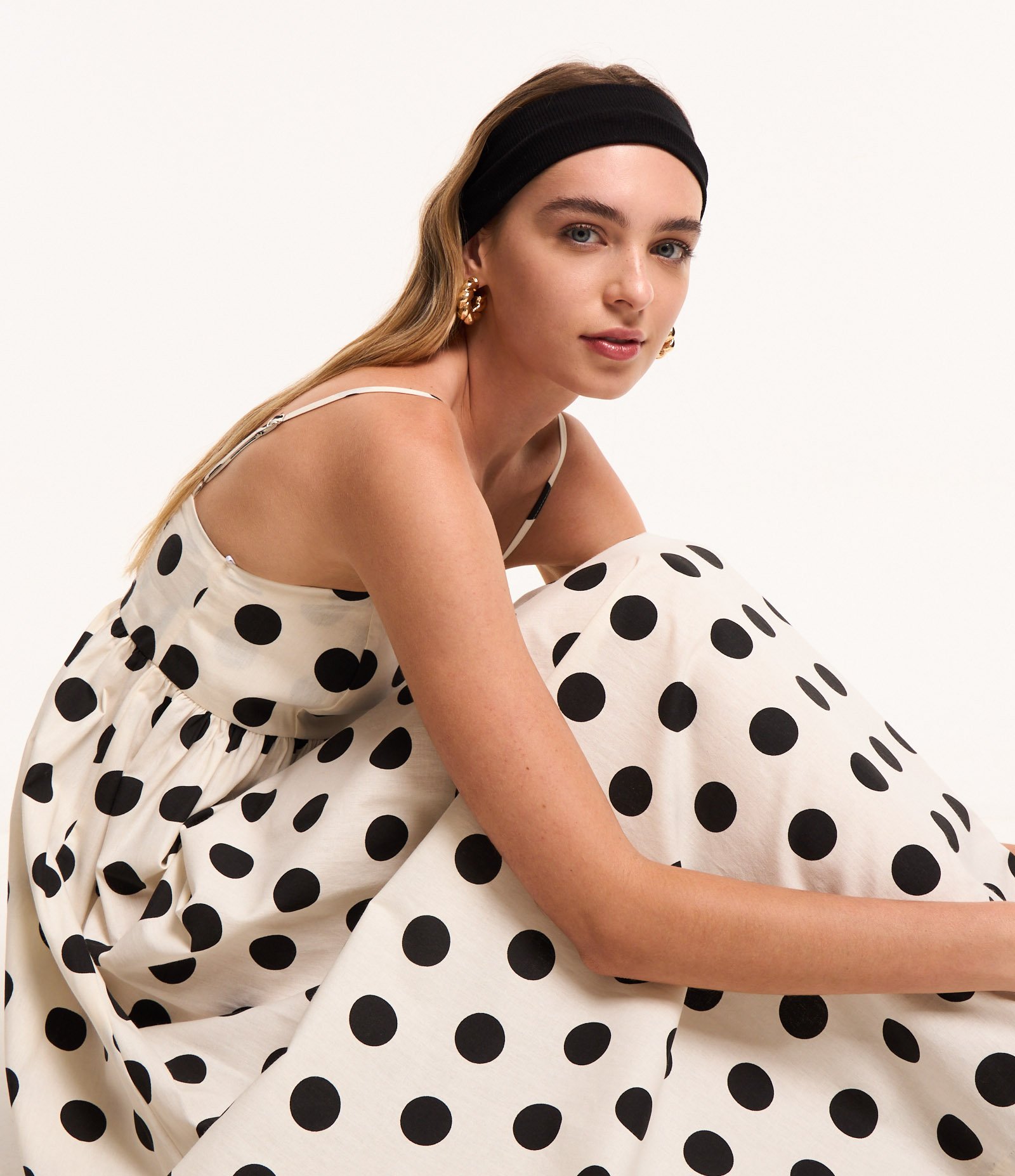 Vestido New Midi em Tricoline Poá com Lastex nas Costas Branco 5