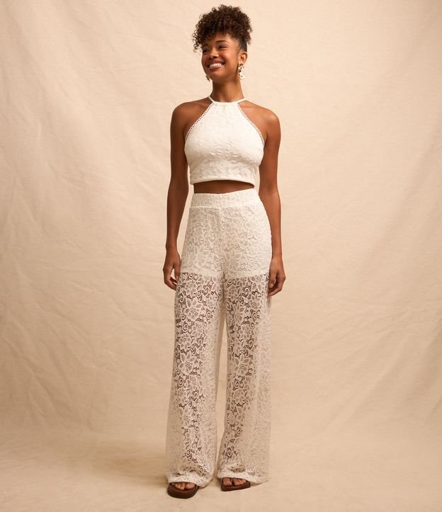 Blusa Cropped em Renda com Cava Americana Branco
