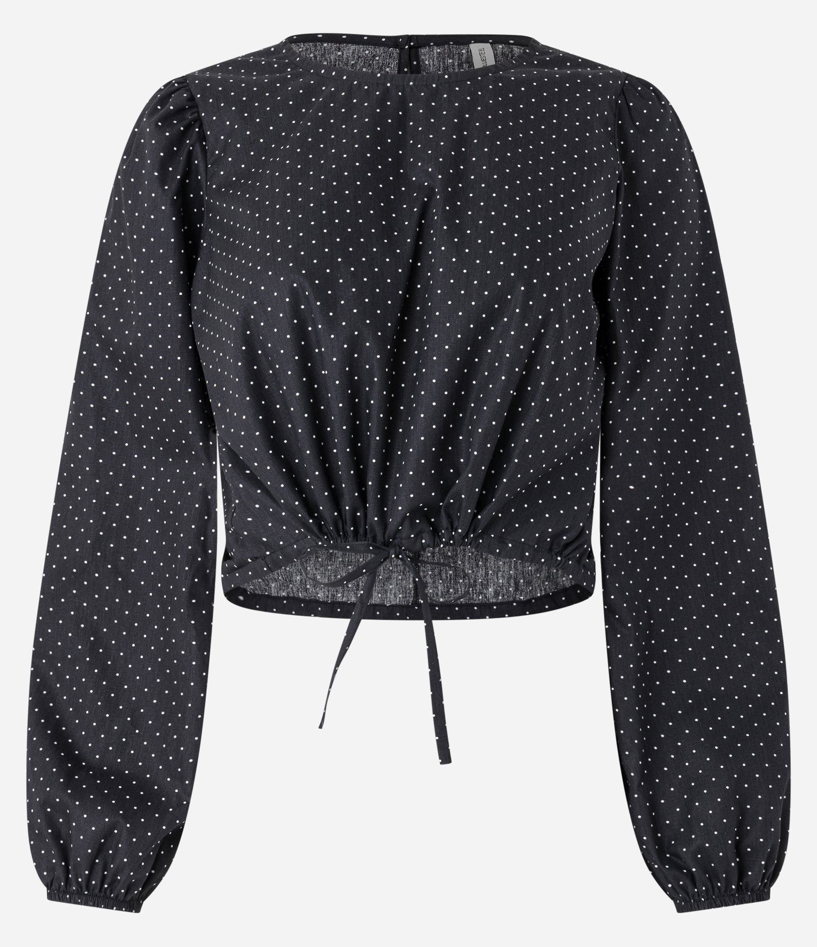Blusa Cropped em Tricoline Poá com Amarração na Barra Preto 4