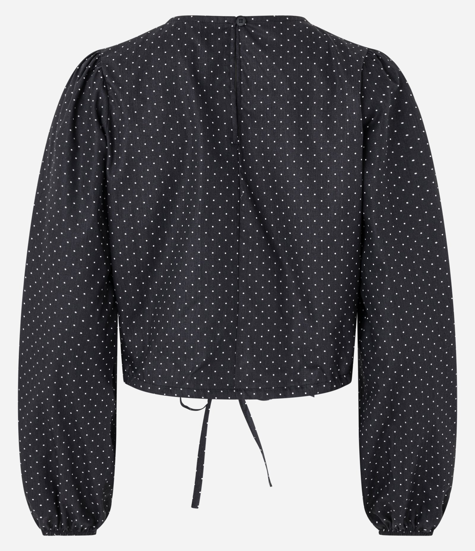 Blusa Cropped em Tricoline Poá com Amarração na Barra Preto 5