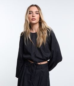 Blusa Cropped em Tricoline Poá com Amarração na Barra