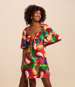 Vestido Curto em Viscose e Linho com Tucanos Estampados