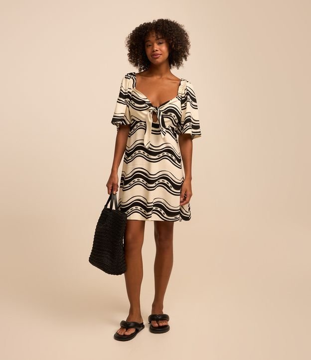 Vestido Curto em Viscose e Linho com Peixes e Ondas Estampados