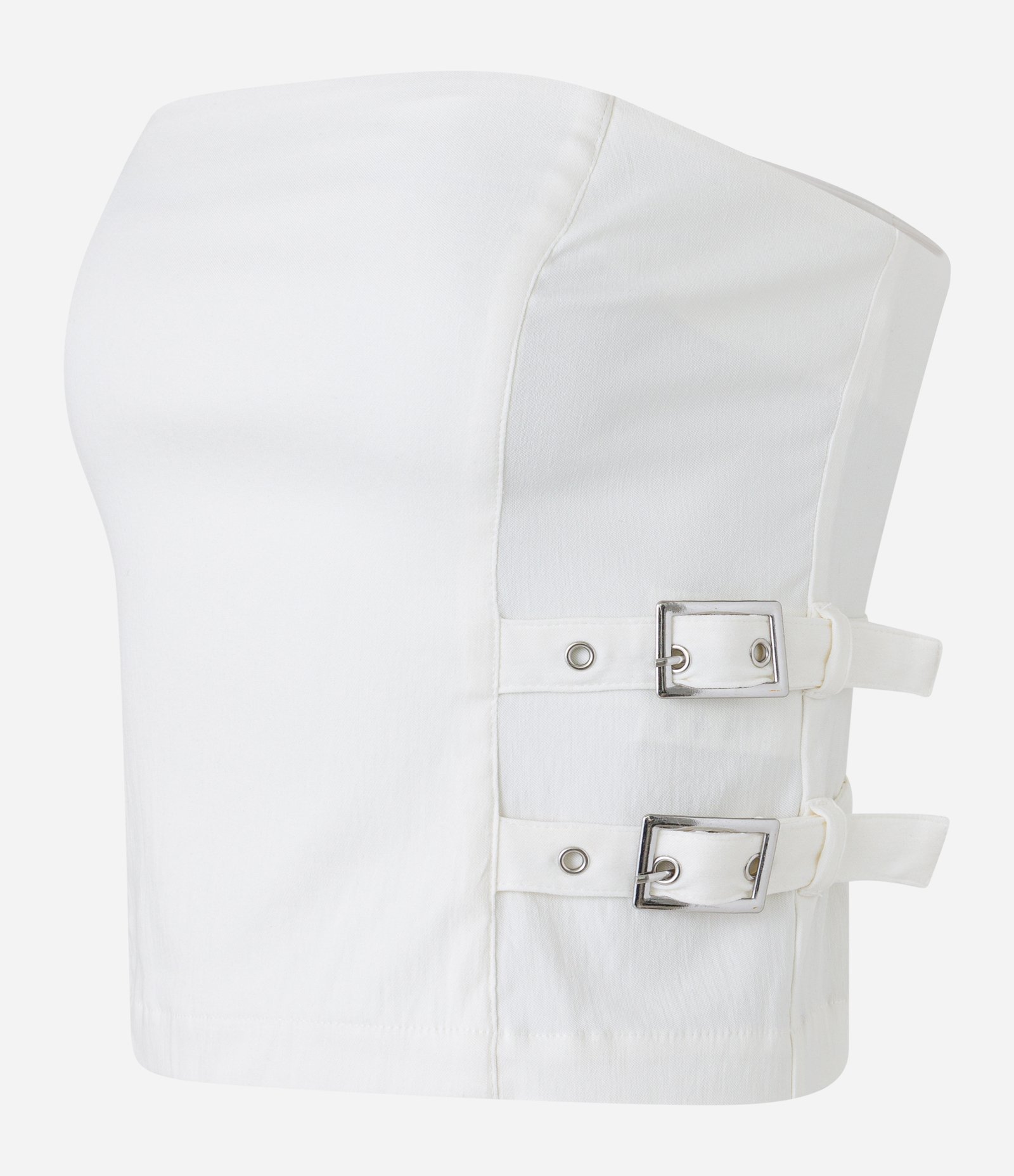 Blusa Tomara que Caia em Bengaline com Fivelas nas Laterais Off White 5