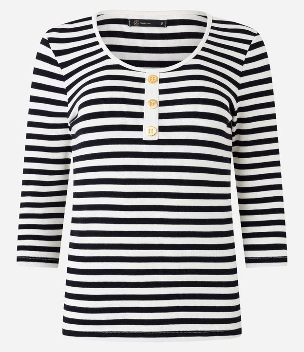 Blusa em Ribana com Abotoamento e Estampa Listras