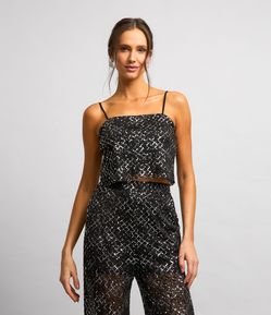 Blusa Cropped em Paetê Metalizado e Efeito Geométrico