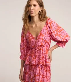 Blusa em Viscose com Amarração e Manga Bufante