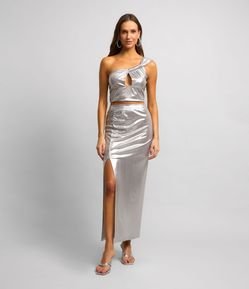 Saia Midi Metalizada com Franzidinho e Fenda