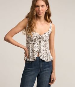 Blusa Regata em Viscose com Laço no Decote e Estampa Raminhos Florais