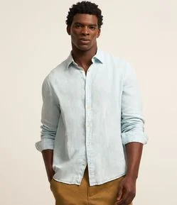 Camisa Comfort em Linho Puro e Gola com Lapela